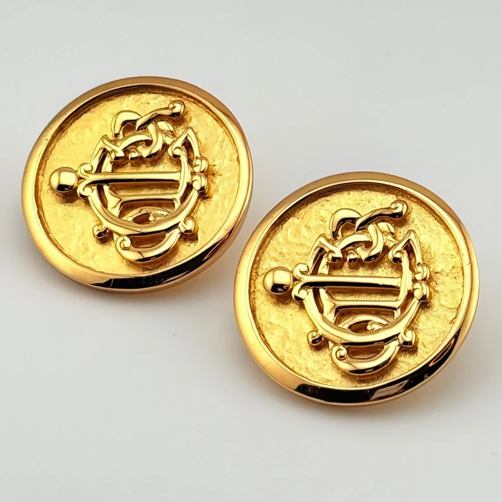 Vintage Christian Dior Gold Plated Monogram Button Clip On Earrings HUGE - Picture 3 of 6